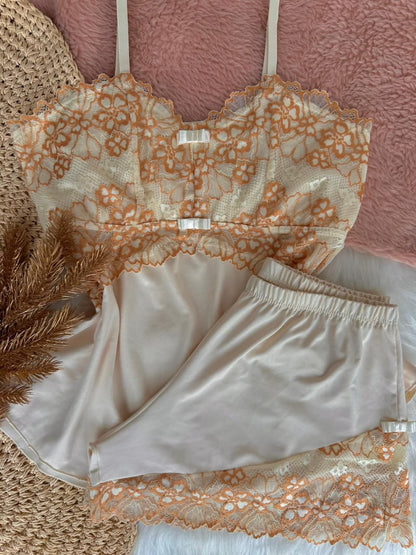 Babydoll Mousse Marfim com detalhes caramelo  - Lingerie Brasileira