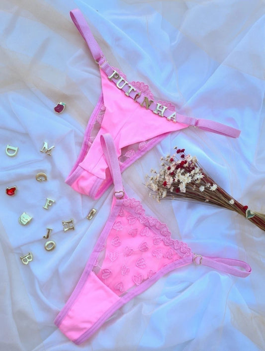 FIO PERSONALIZÁVEL TULE CORAÇÃO DUPLO ROSA PANTERA