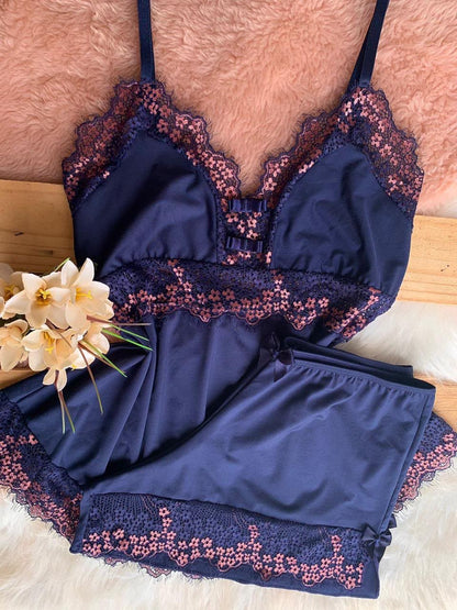 BABYDOLL 2 LACINHOS ABERTO NAS COSTAS AZUL COM DETALHES PINK