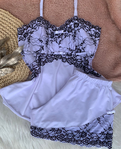 babydoll branco com detalhes pretos em ligalight e renda - Jessica Lingerie & Beachwear 