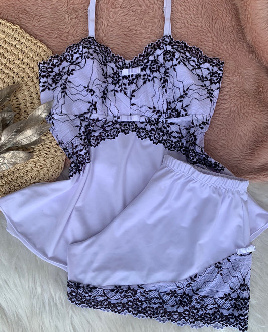 babydoll branco com detalhes pretos em ligalight e renda - Jessica Lingerie & Beachwear 